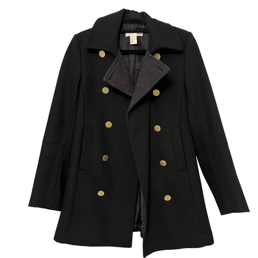 H&M Double Breasted Peacoat Wool Blend Jacket Black Gold Size 2 Buttons Warm Y2K